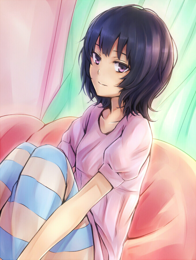 bangs bean_bag_chair black_hair blue_legwear breasts collarbone commentary curtains from_side hair_strand hourou_musuko inaba-no-kuni-tottori leggings light_smile looking_at_viewer looking_to_the_side messy_hair pink_shirt puffy_short_sleeves puffy_sleeves shirt short_hair short_sleeves sitting small_breasts striped striped_legwear suehiro_anna violet_eyes wavy_hair white_legwear