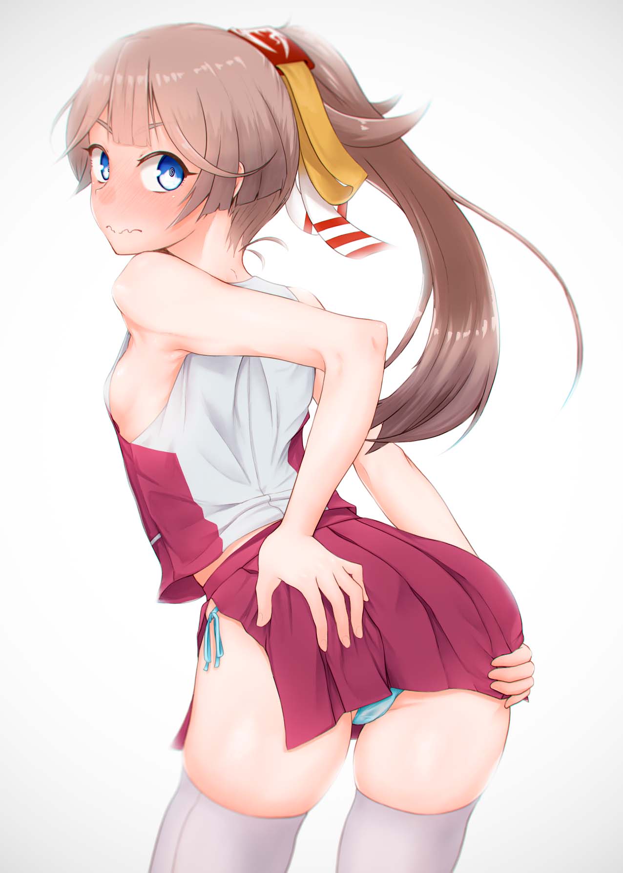 1girl blue_eyes blue_panties blush breasts brown_hair commentary_request from_behind gradient gradient_background grey_legwear hair_ribbon highres kazagumo_(kancolle) leaning_forward long_hair looking_at_viewer namiki_kojiro nose_blush panties pleated_skirt ponytail purple_skirt remodel_(kantai_collection) ribbon side-tie_panties skirt small_breasts solo surprised thigh-highs underwear vest white_background