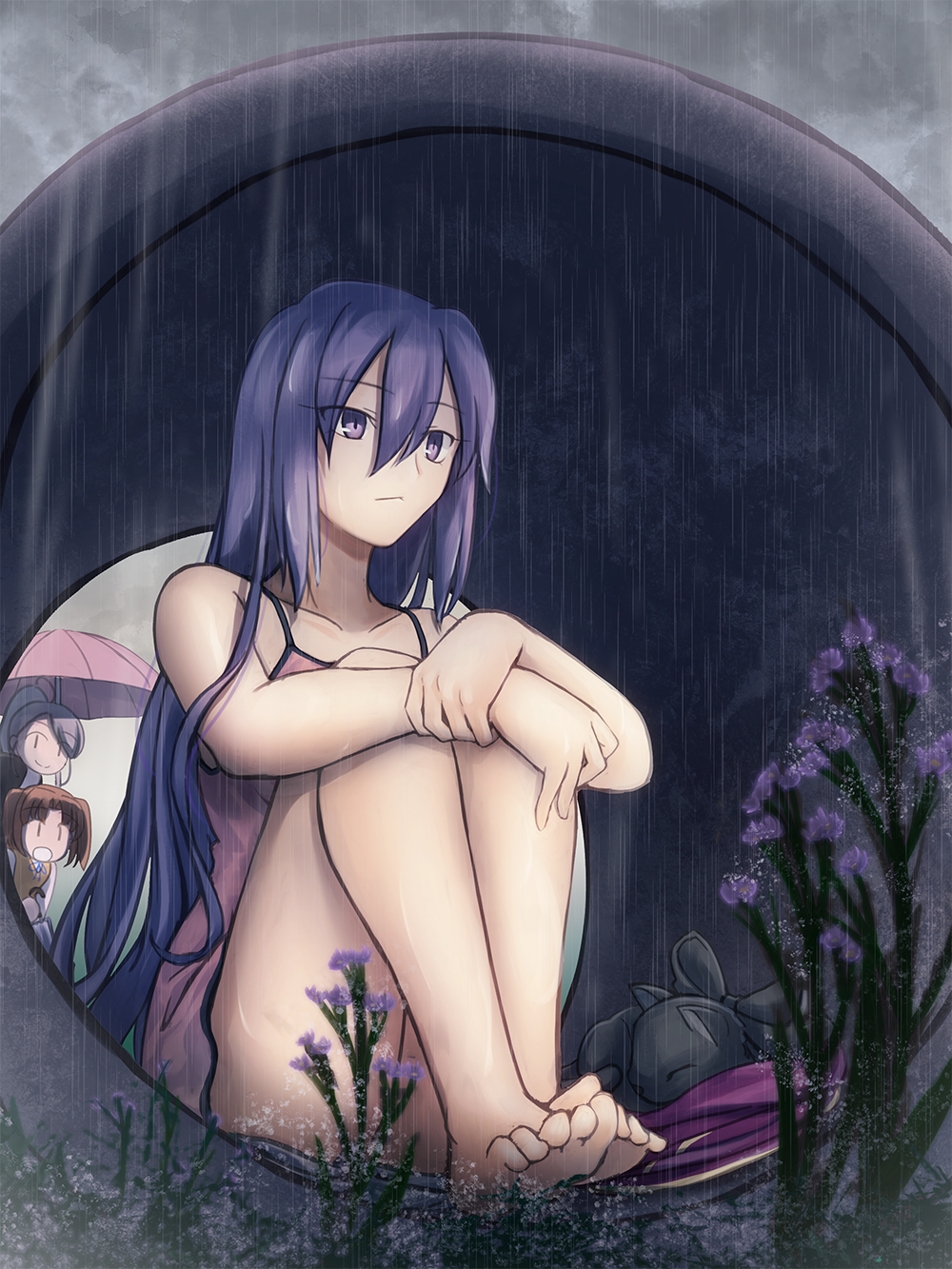 3girls arms_on_knees bangs bare_legs bare_shoulders barefoot brown_hair clouds cloudy_sky eyebrows_behind_hair eyebrows_visible_through_hair fate/grand_order fate_(series) hair_between_eyes highres holding holding_umbrella long_hair melty_blood migiha multiple_girls open_mouth ponytail purple_hair rain riesbyfe_stridberg school_uniform short_hair silver_hair sion_eltnam_atlasia sitting sky smile tsukihime twintails type-moon umbrella underwear violet_eyes yumizuka_satsuki