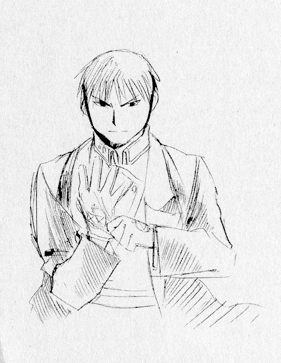 1boy adjusting_clothes adjusting_gloves amestris_military_uniform arakawa_hiromu black_eyes closed_mouth coat collared_jacket commentary cropped_torso english_commentary facing_viewer frown fullmetal_alchemist gloves grey_background hands_up highres jacket magic_circle male_focus military military_uniform monochrome official_art open_clothes open_coat roy_mustang serious sideways_glance simple_background spiky_hair tsurime uniform v-shaped_eyebrows