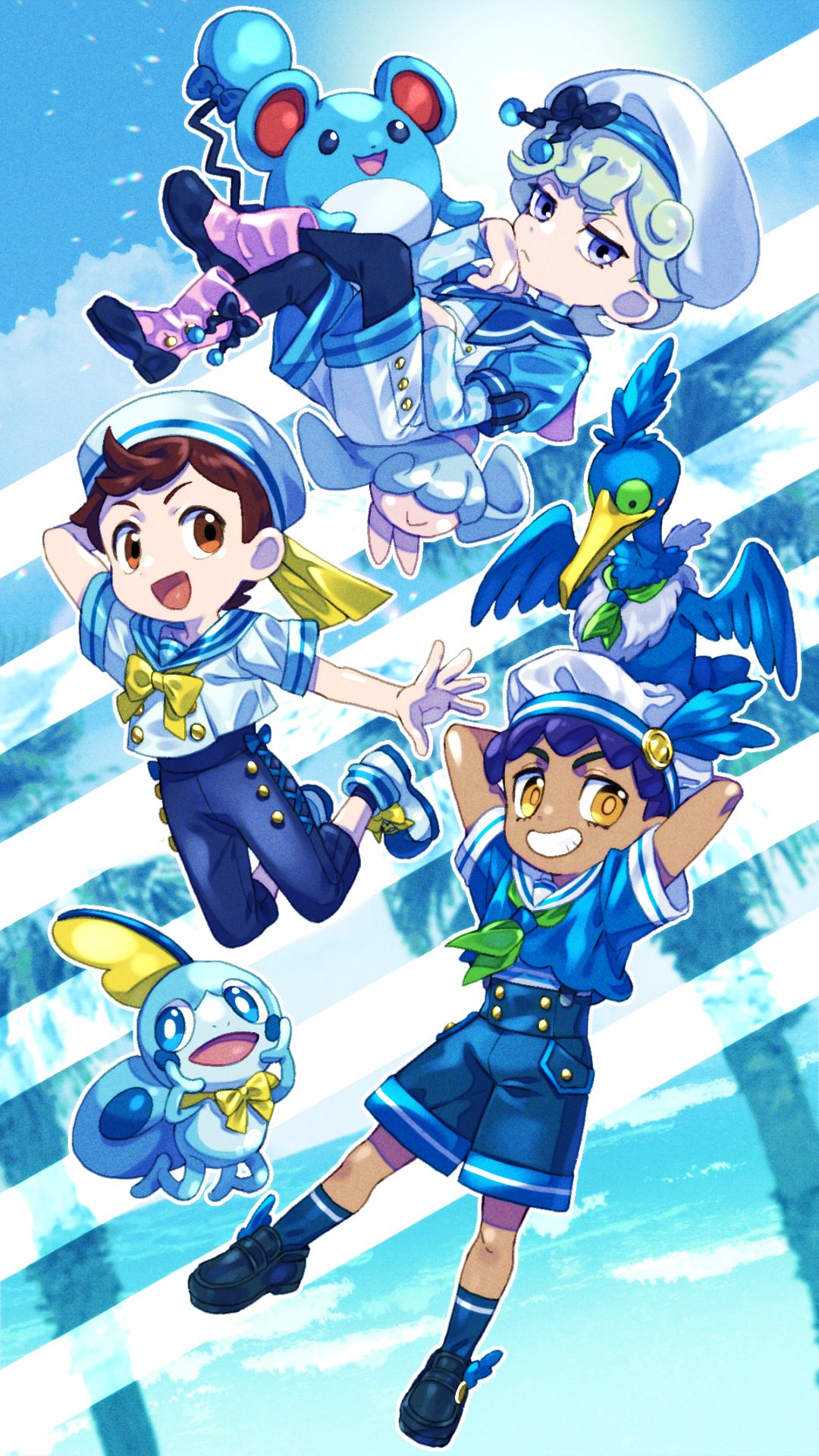 3boys alternate_costume arms_behind_head bangs bede_(pokemon) black_footwear black_legwear blue_shirt boots bow buttons commentary_request cramorant curly_hair gen_2_pokemon gen_8_pokemon green_hair green_neckwear hat hatenna highres hop_(pokemon) komame_(st_beans) marill multiple_boys pants pokemon pokemon_(creature) pokemon_(game) pokemon_swsh shirt shoes short_hair short_sleeves shorts sobble socks victor_(pokemon) white_headwear yellow_bow