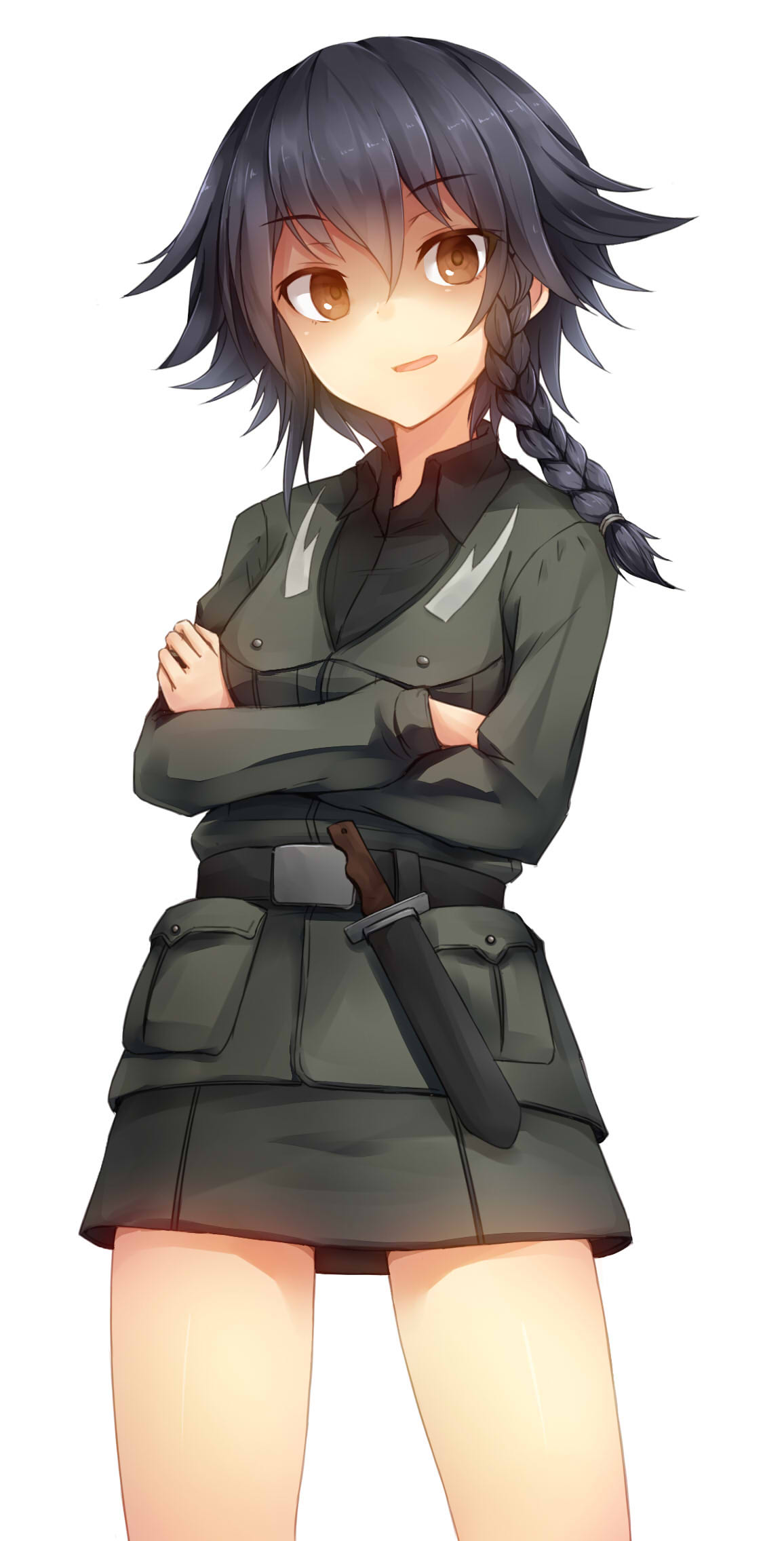 1girl black_hair braid brown_eyes commentary_request cowboy_shot crossed_arms girls_und_panzer highres knife looking_at_viewer metindone military military_uniform pepperoni_(girls_und_panzer) shaded_face short_hair simple_background single_braid skirt solo uniform white_background