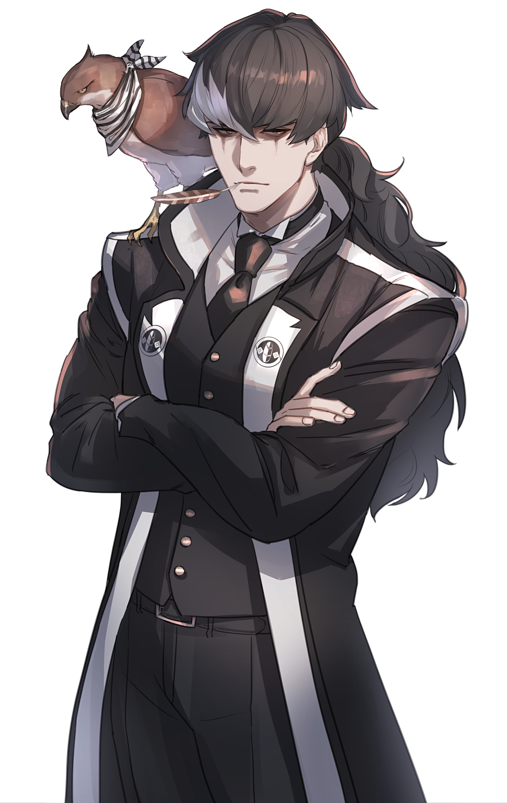 1boy animal animal_on_shoulder bangs bird black_coat black_eyes black_hair black_neckwear black_pants black_vest coat cowboy_shot crossed_arms feathers gin_(gyakuten_saiban) gyakuten_saiban gyakuten_saiban_5 hawk highres kuroda_matsurika long_hair long_sleeves looking_at_viewer male_focus mouth_hold multicolored_hair necktie pants ponytail shirt simple_background solo standing two-tone_hair vest white_background white_hair white_shirt yuugami_jin