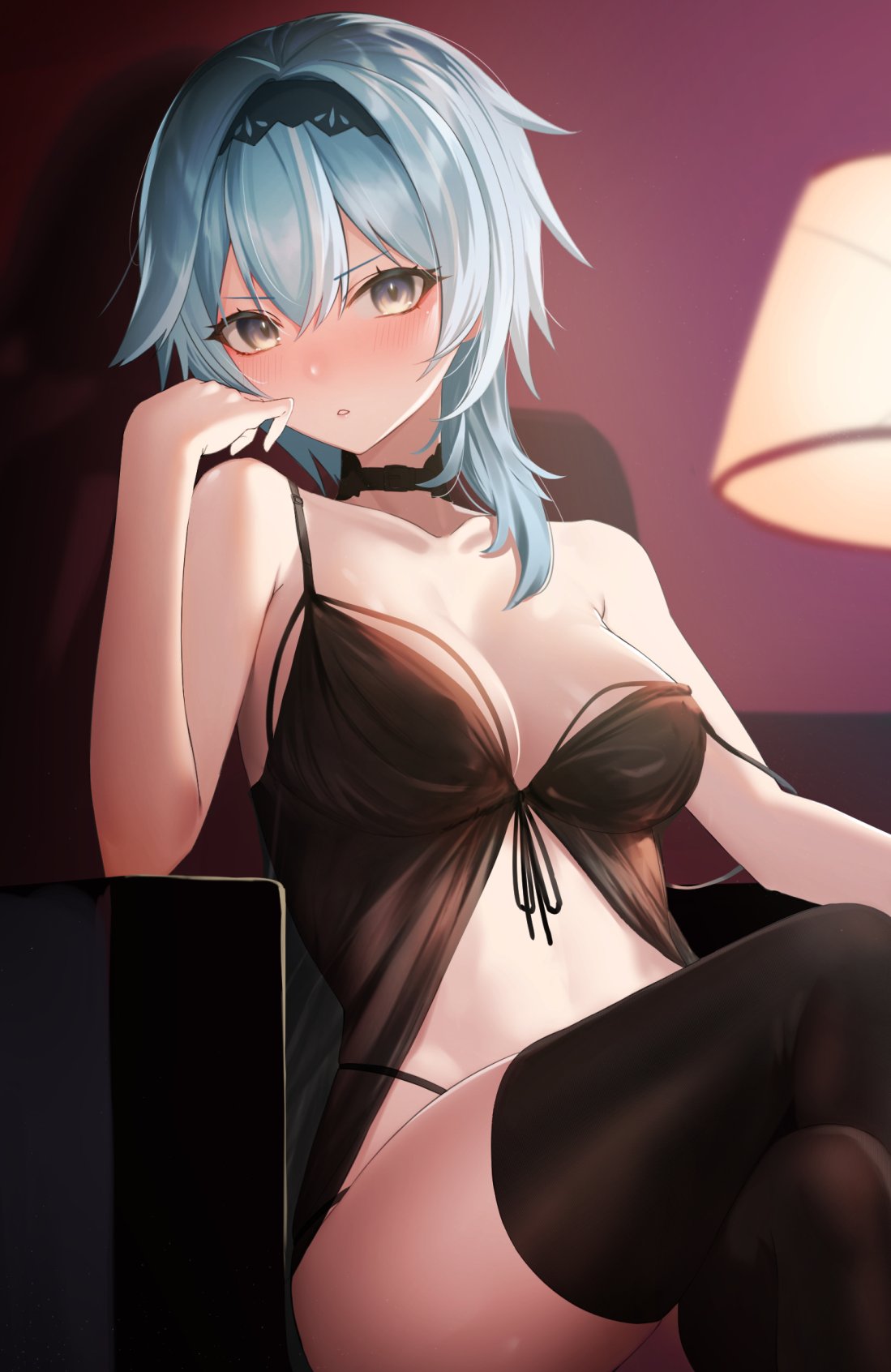 1girl babydoll bare_arms bare_shoulders black_choker black_legwear blue_hair blurry blush breasts celeryma choker commission crossed_legs eula_(genshin_impact) front-tie_top genshin_impact hairband hand_up highres lampshade lingerie looking_at_viewer medium_breasts multi-strapped_panties panties parted_lips see-through short_hair sitting skeb_commission solo spaghetti_strap strap_slip string_panties thigh-highs underwear underwear_only yellow_eyes
