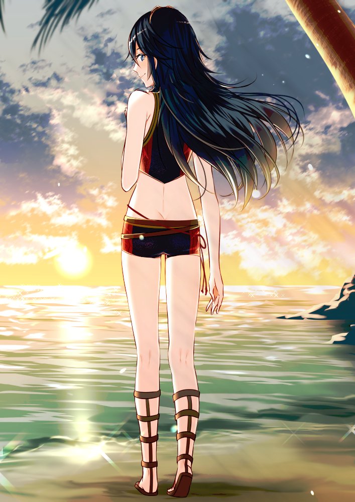 1girl alternate_costume ameno_(a_meno0) back bangs bare_shoulders beach blue_eyes blue_hair blue_swimsuit butt_crack closed_mouth clouds day fire_emblem fire_emblem_awakening fire_emblem_cipher floating_hair full_body gladiator_sandals hair_ornament lips long_hair looking_at_viewer looking_back lucina_(fire_emblem) ocean official_alternate_costume palm_tree sandals short_shorts shorts sky smile solo sunset swimsuit tiara tree water