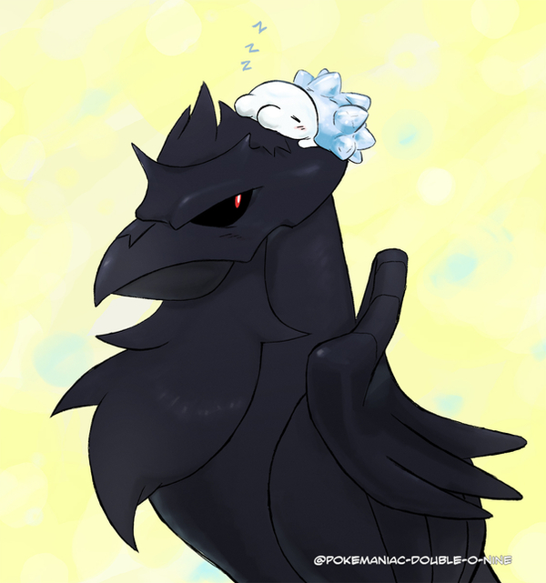 bird black_sclera closed_mouth colored_sclera commentary commission corviknight do9bessa gen_8_pokemon no_humans on_head pokemon pokemon_(creature) pokemon_on_head red_eyes sleeping snom zzz