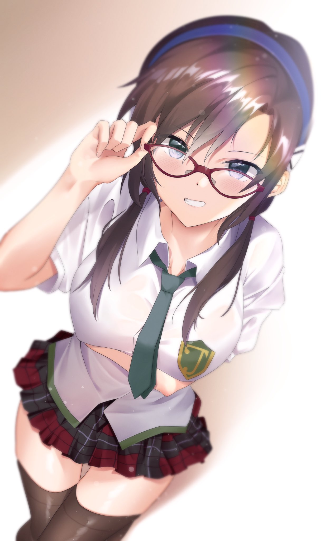 @shun against_wall black_hair blue_eyes blush breasts glasses highres large_breasts looking_at_viewer makinami_mari_illustrious neon_genesis_evangelion school_uniform see-through thigh-highs twintails