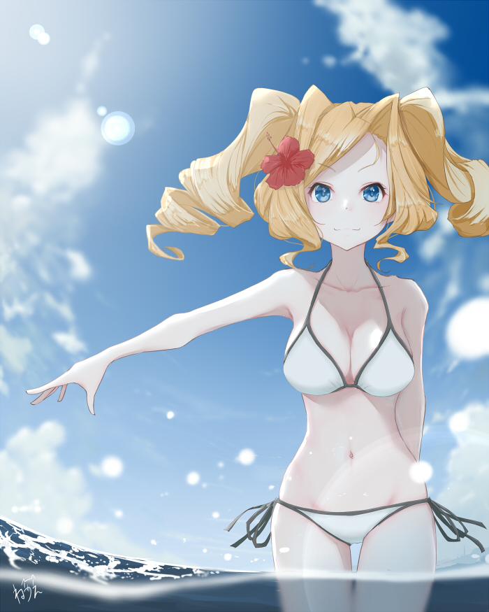 1girl bikini blonde_hair blue_eyes blue_sky breasts clouds cowboy_shot day drill_hair honolulu_(kancolle) kantai_collection large_breasts long_hair navel neve official_alternate_costume outdoors partially_submerged side-tie_bikini sky solo standing string_bikini swimsuit twin_drills twintails white_bikini