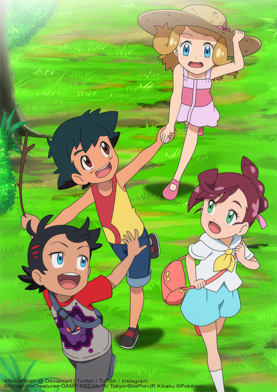 2boys 2girls :d ash_ketchum bangs black_hair blue_eyes brown_eyes brown_hair chloe_(pokemon) commentary day dress english_commentary eyelashes goh_(pokemon) grass green_eyes hand_on_headwear hat holding holding_hands holding_stick holding_strap light_brown_hair multiple_boys multiple_girls noelia_ponce open_mouth outdoors pink_bag pokemon pokemon_(anime) pokemon_swsh_(anime) pokemon_xy_(anime) serena_(pokemon) shirt shoes short_hair shorts sleeveless sleeveless_shirt smile socks standing stick tongue tree upper_teeth watermark white_legwear younger