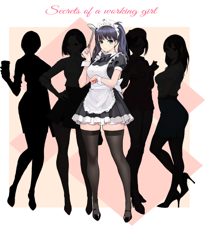 1girl apron black_bow black_legwear blue_hair bobobong bow breast_hold breasts crowd cup earrings green_eyes hair_between_eyes hand_on_hip hand_up high_heels holding holding_cup jewelry ladle leg_up light_smile low_twintails maid office_lady original silhouette standing strappy_heels thigh-highs twintails uniform wrist_cuffs zettai_ryouiki