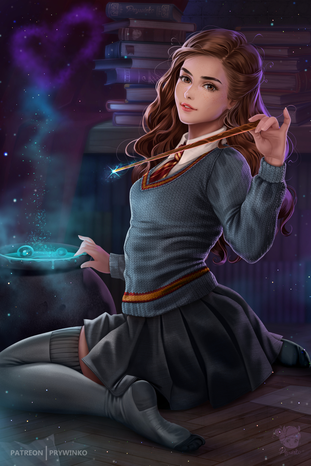 1girl artist_logo black_skirt book book_stack brown_eyes brown_hair cauldron collared_shirt full_body harry_potter hermione_granger highres hogwarts_school_uniform lips long_hair looking_at_viewer necktie parted_lips pleated_skirt potion prywinko red_neckwear school_uniform shirt sitting skirt smile soles solo sweater thigh-highs wand wariza white_shirt yellow_neckwear