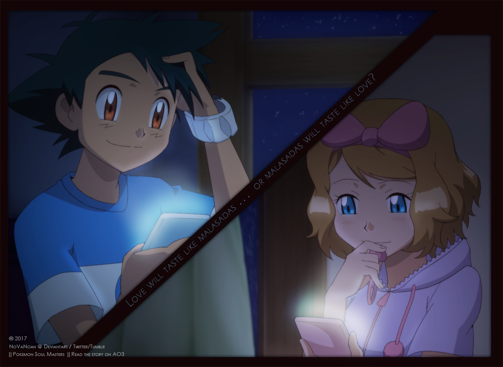 1boy 1girl ash_ketchum bangs black_hair blue_eyes blue_shirt blush bracelet brown_eyes brown_hair cellphone closed_mouth commentary copyright_name dark english_commentary eyelashes holding holding_phone jewelry looking_down noelia_ponce pajamas phone pokemon pokemon_(anime) pokemon_sm_(anime) pokemon_xy_(anime) serena_(pokemon) shirt short_hair smile striped striped_shirt t-shirt z-ring