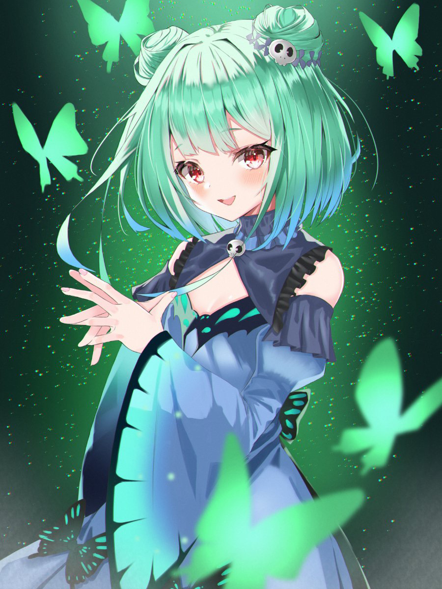 1girl :d bangs blue_dress blush bug butterfly commentary_request detached_collar detached_sleeves double_bun dress eyebrows_visible_through_hair gradient gradient_background green_butterfly green_hair hair_ornament hands_up highres hololive insect juliet_sleeves light_particles long_sleeves looking_at_viewer open_mouth own_hands_together puffy_sleeves red_eyes short_hair simito_dayo skull_hair_ornament smile solo upper_body uruha_rushia virtual_youtuber wide_sleeves