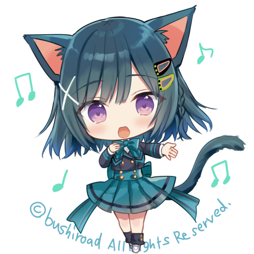 1girl :d animal_ears bangs beamed_eighth_notes black_hair black_jacket black_legwear blue_bow blue_skirt blush bow braid cardfight!!_vanguard cat_ears cat_girl cat_tail character_request chibi eighth_note eyebrows_visible_through_hair full_body hair_ornament hairclip jacket loafers long_sleeves looking_at_viewer loose_socks lowres musical_note official_art open_mouth pleated_skirt quarter_note shirt shoes simple_background skirt smile socks solo standing tail violet_eyes watermark white_background white_footwear white_shirt x_hair_ornament yuuki_rika