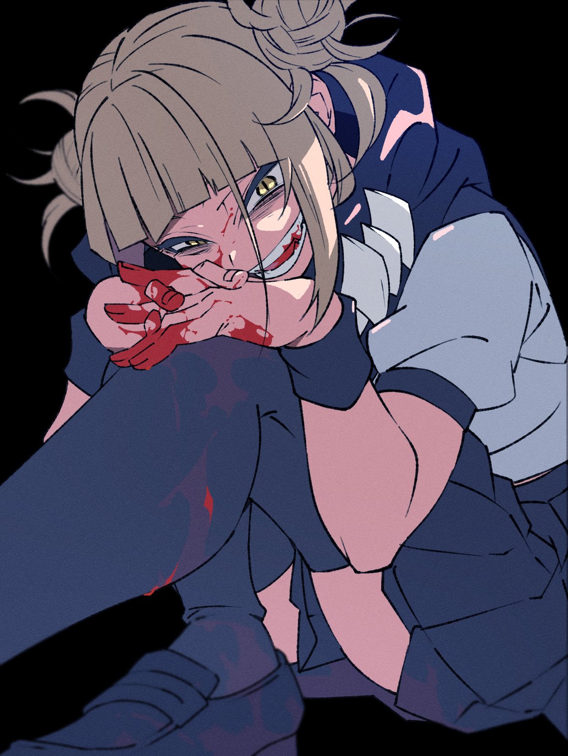 1girl bangs black_background black_footwear black_legwear black_skirt blonde_hair blood blood_on_clothes blood_on_face blood_on_hands boku_no_hero_academia hair_up hand_on_hand highres looking_at_viewer messy_hair open_mouth school_uniform shirikon short_hair simple_background sitting skirt smile smirk solo toga_himiko uniform yellow_eyes