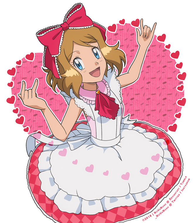 1girl :d apron bangs bare_arms blue_eyes blush bow commentary cosplay dress english_commentary eyebrows_visible_through_hair eyelashes frills hair_bow hands_up heart korekara_no_someday light_brown_hair looking_at_viewer love_live! neck_ribbon noelia_ponce open_mouth outline pink_bow pokemon pokemon_(anime) pokemon_xy_(anime) ribbon serena_(pokemon) shiny shiny_hair short_hair sleeveless smile solo tongue white_apron yazawa_nico yazawa_nico_(cosplay)