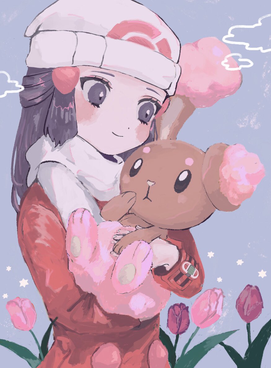 1girl alternate_color beanie blush buneary chome_(meme_chon) closed_mouth coat hikari_(pokemon) eyelashes flower gen_4_pokemon grey_eyes hat holding holding_pokemon long_hair long_sleeves pink_flower pokemon pokemon_(creature) pokemon_(game) pokemon_dppt pokemon_platinum red_coat scarf shiny_pokemon smile symbol-only_commentary white_headwear white_scarf