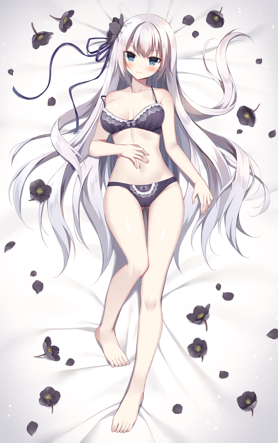 1girl bangs bare_arms bare_legs bare_shoulders barefoot black_bra black_flower black_panties blue_eyes bow bow_bra bow_panties bra breasts closed_mouth collarbone commentary_request dakimakura_(medium) eyebrows_visible_through_hair flower full_body hair_flower hair_ornament hand_on_own_stomach highres long_hair looking_at_viewer lying mauve medium_breasts navel on_back original panties petals silver_hair solo underwear underwear_only very_long_hair white_hair