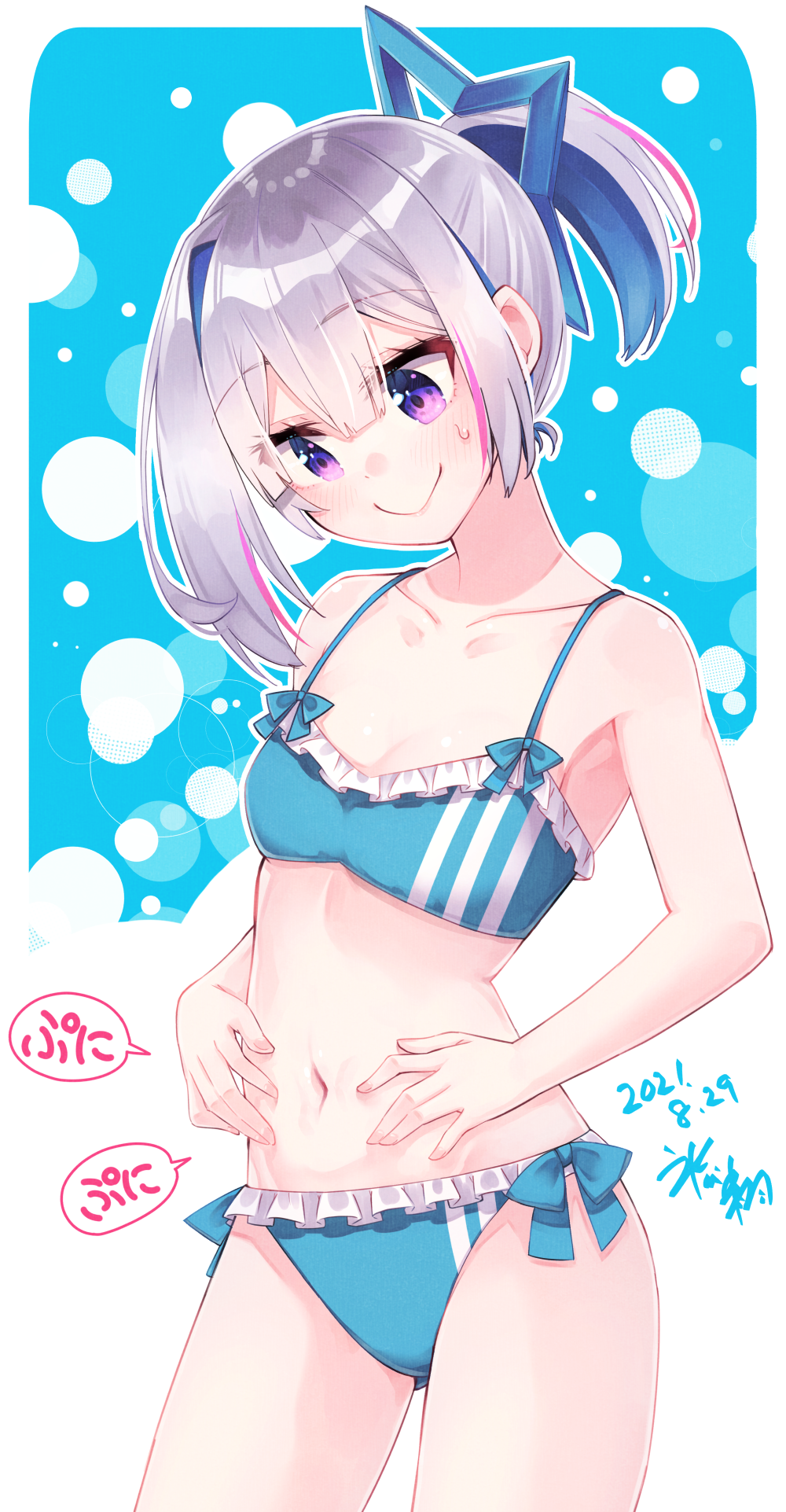 1girl amane_kanata asymmetrical_hair bangs bikini blue_bikini blue_hair blush closed_mouth collarbone commentary_request cowboy_shot dated eyebrows_visible_through_hair eyes_visible_through_hair frilled_bikini frills hair_between_eyes hands_on_own_stomach highres hikawa_shou hololive looking_down multicolored_hair navel pink_hair ponytail short_hair side-tie_bikini sidelocks signature silver_hair simple_background smile solo standing stomach streaked_hair sweatdrop swimsuit translation_request violet_eyes virtual_youtuber