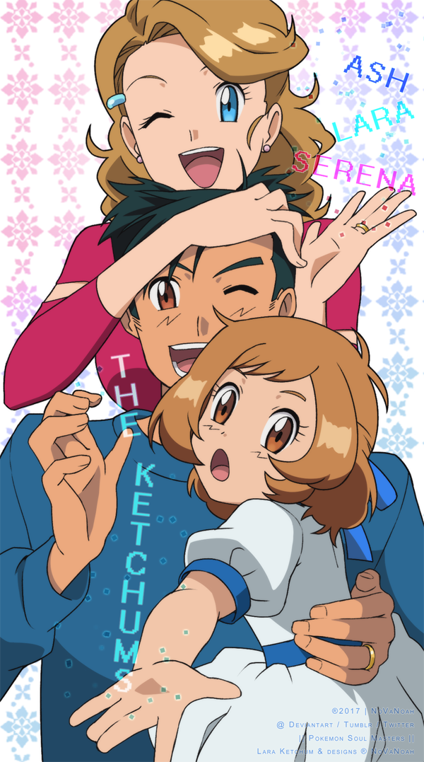 1boy 2girls ;d ash_ketchum bangs black_hair blue_sweater brown_eyes character_name commentary earrings english_commentary eyelashes hair_ornament hairclip hands_up if_they_mated jewelry light_brown_hair long_sleeves multiple_girls noelia_ponce one_eye_closed open_mouth pokemon pokemon_(anime) pokemon_xy_(anime) ring serena_(pokemon) short_hair smile sweater teeth tongue