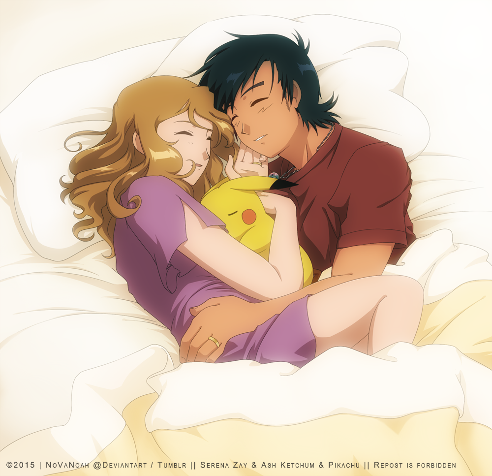 1boy 1girl ash_ketchum bangs black_hair brown_shirt character_name closed_eyes commentary english_commentary eyelashes gen_1_pokemon hand_on_another's_hip hetero jewelry light_brown_hair lying necklace noelia_ponce on_side parted_lips pikachu pillow pokemon pokemon_(anime) pokemon_(creature) pokemon_xy_(anime) purple_shirt ring serena_(pokemon) shiny shiny_hair shirt short_hair short_sleeves sleeping t-shirt under_covers