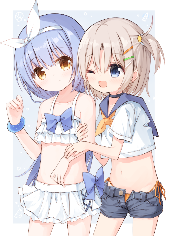 2girls ;d arm_hug bangs bare_arms bare_shoulders bikini bikini_skirt bikini_under_clothes black_shorts blue_eyes blue_hair blue_sailor_collar blush brown_eyes brown_hair ciela_(yuuhagi_(amaretto-no-natsu)) closed_mouth collarbone cowboy_shot crop_top eyebrows_visible_through_hair hair_between_eyes hair_ornament hairclip head_tilt long_hair midriff multiple_girls navel neckerchief one_eye_closed one_side_up open_clothes open_fly open_mouth open_shorts orange_bikini original red_girl_(yuuhagi_(amaretto-no-natsu)) sailor_collar shirt short_shorts shorts side-tie_bikini smile standing swimsuit very_long_hair white_bikini white_shirt yellow_neckwear yuuhagi_(amaretto-no-natsu)