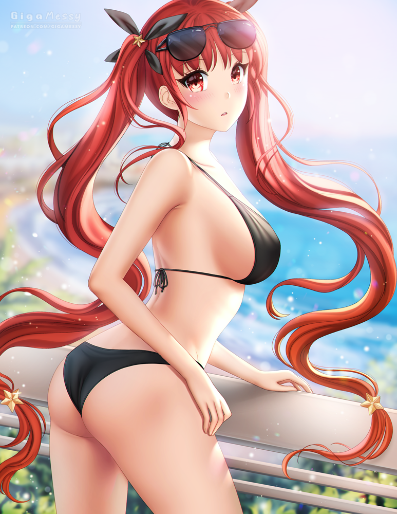 1girl ass azur_lane bangs beach bikini blurry blurry_background blush breasts eyewear_on_head floating_hair from_side gigamessy hair_ribbon halterneck hand_on_railing honolulu_(azur_lane) honolulu_(summer_accident?!)_(azur_lane) large_breasts long_hair looking_at_viewer medium_breasts ocean open_mouth red_eyes redhead ribbon strap_gap sunglasses swimsuit twintails very_long_hair