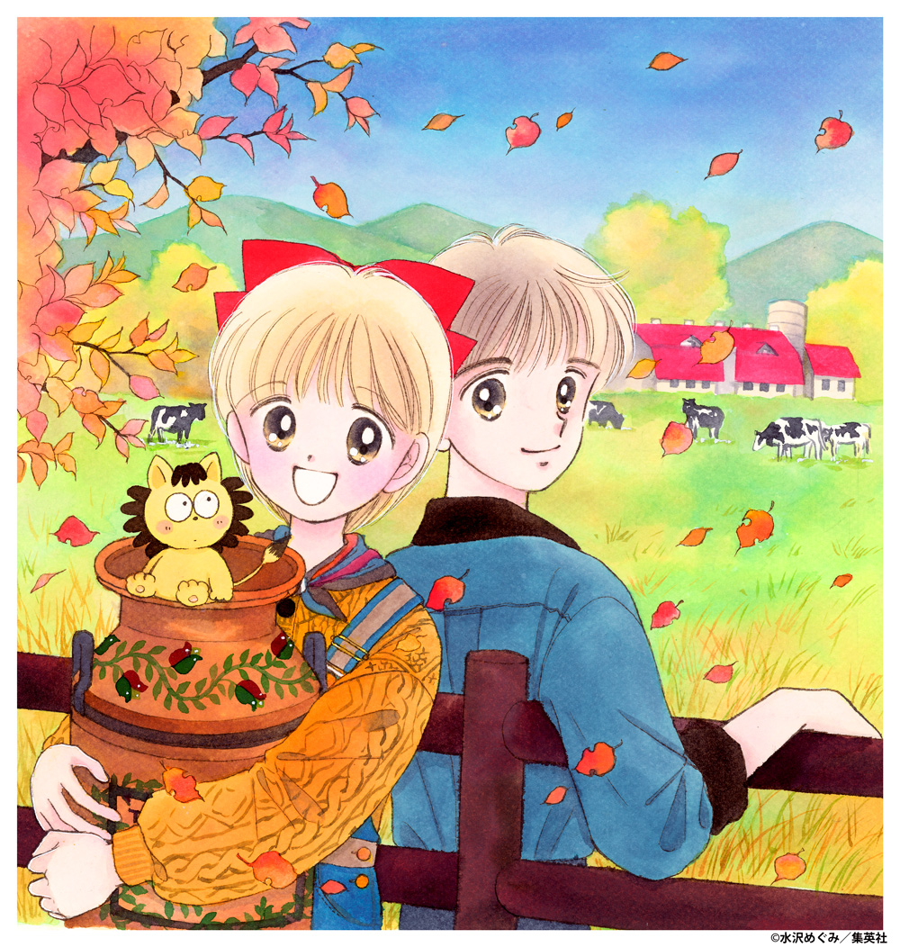 1boy 1girl :d animal artist_name autumn_leaves bangs barn blonde_hair blue_sky blush_stickers border bow building cable_knit closed_mouth commentary_request copyright cow day denim dot_mouth dot_nose elbow_rest eyebrows eyebrows_visible_through_hair eyes_visible_through_hair farm fence from_behind grass hair_bow hime-chan_no_ribbon holding holding_vase kobayashi_daichi leaf long_sleeves looking_at_another looking_at_viewer looking_back looking_to_the_side mizusawa_megumi mountainous_horizon neckerchief nonohara_himeko official_art open_mouth outdoors overalls pocket pokota_(hime-chan_no_ribbon) puffy_long_sleeves puffy_sleeves red_bow short_hair sky smile standing stuffed_animal stuffed_lion stuffed_toy sweater tareme traditional_media tree upper_body vase white_border wind wooden_fence yellow_eyes yellow_sweater