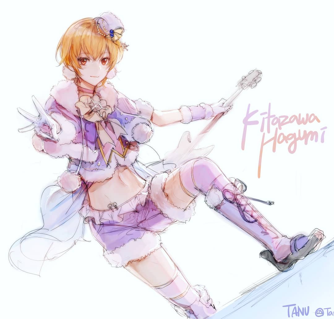 1girl artist_name bang_dream! bangs blonde_hair boots commentary_request detached_sleeves foreshortening fur-trimmed_jacket fur-trimmed_shorts fur_trim gloves guitar hair_between_eyes hair_ornament holding holding_instrument instrument jacket kitazawa_hagumi knee_boots looking_at_viewer midriff one_knee orange_hair over-kneehighs red_eyes short_hair shorts simple_background smile solo tanu0706 thigh-highs w white_background