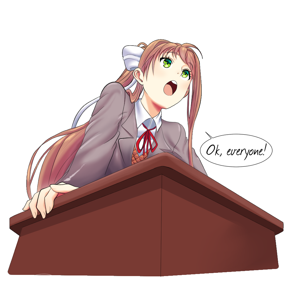 1girl arm_support bow brown_hair collared_shirt desk doki_doki_literature_club english_commentary english_text eyebrows_visible_through_hair from_below green_eyes hair_bow long_hair long_sleeves monika_(doki_doki_literature_club) neck_ribbon open_mouth red_ribbon ribbon self_upload shirt solo speech_bubble transparent_background upper_body upper_teeth white_bow