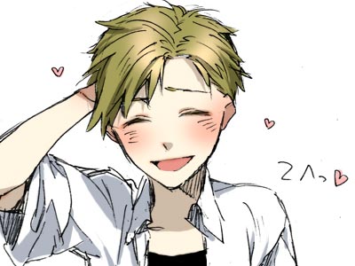 1boy alphonse_elric arm_at_side bangs black_shirt blush close-up closed_eyes collared_shirt dot_nose ear_blush face facing_viewer fullmetal_alchemist furrowed_brow hand_on_own_head hand_up happy heart laughing light_blush light_brown_hair lowres male_focus noako open_clothes open_mouth open_shirt pale_skin shirt simple_background smile swept_bangs translation_request undershirt upper_body white_background white_shirt wide_sleeves