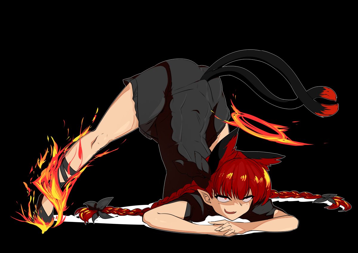 1girl animal_ears bangs black_background black_dress black_footwear braid cat_ears cat_tail dress eyebrows_visible_through_hair fire full_body hands_together jack-o'_challenge kaenbyou_rin long_hair mizuga multiple_tails nekomata open_mouth pointy_ears red_eyes side_braids simple_background smile tail top-down_bottom-up touhou twin_braids two_tails
