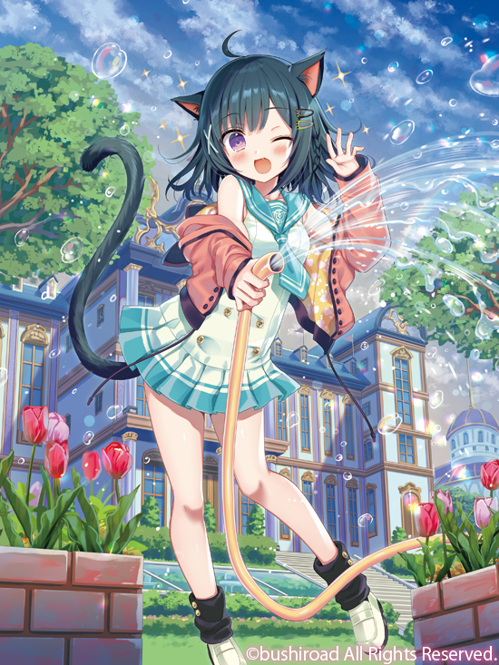 1girl ;d animal_ears bangs bare_shoulders black_hair black_legwear blue_neckwear blue_sailor_collar blue_sky blush brown_jacket building cardfight!!_vanguard cat_ears cat_girl cat_tail character_request clouds cloudy_sky day eyebrows_visible_through_hair fang flower hair_ornament hairclip holding holding_hose hose jacket loafers long_sleeves loose_socks off_shoulder official_art one_eye_closed open_clothes open_jacket open_mouth outdoors pleated_skirt rainbow red_flower sailor_collar shirt shoes skirt sky sleeveless sleeveless_shirt sleeves_past_wrists smile socks solo stairs standing standing_on_one_leg stone_stairs tail tree tulip violet_eyes water watermark white_footwear white_shirt white_skirt window yuuki_rika