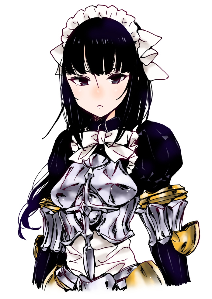 1girl armor black_eyes black_hair breastplate closed_mouth commentary_request dress katou_haruaki long_hair looking_at_viewer maid maid_headdress narberal_gamma overlord_(maruyama) simple_background solo upper_body white_background