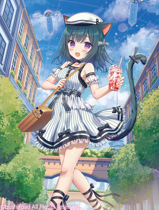 1girl :d animal_ears bag bangs black_bow black_hair blush bow breasts building cardfight!!_vanguard cat_ears cat_girl cat_tail character_request cup day detached_sleeves disposable_cup dress drinking_straw eyebrows_visible_through_hair feet_out_of_frame frilled_dress frills holding holding_cup looking_at_viewer official_art open_mouth outdoors puffy_short_sleeves puffy_sleeves see-through see-through_sleeves short_sleeves shoulder_bag sleeveless sleeveless_dress small_breasts smile solo striped striped_bow tail tail_raised tree vertical-striped_dress vertical_stripes violet_eyes watermark window yuuki_rika