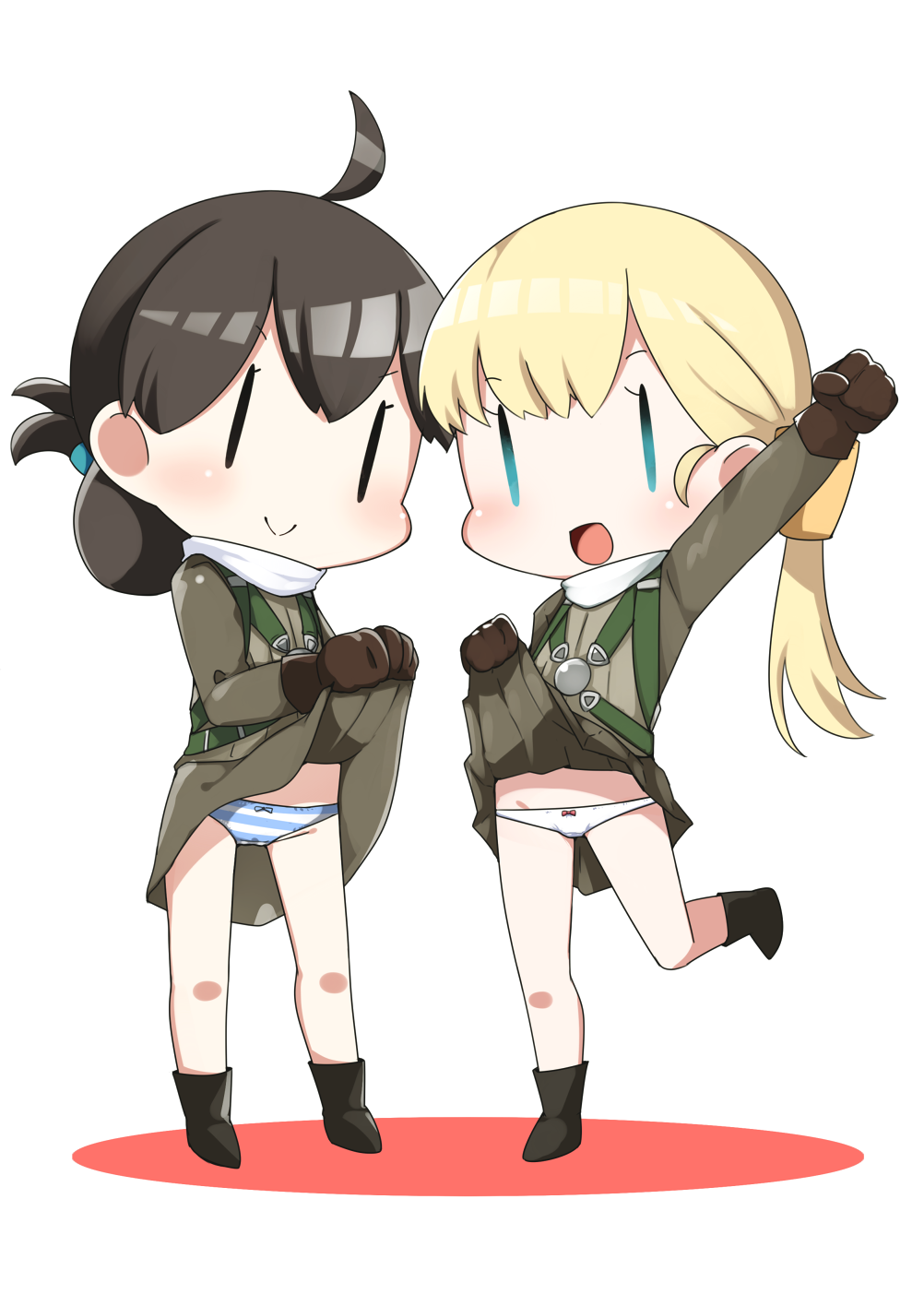 2girls black_footwear blonde_hair boots brown_gloves brown_hair clothes_lift fairy_(kancolle) folded_ponytail gloves highres kantai_collection lifted_by_self long_hair long_sleeves military military_uniform multiple_girls nassukun panties side_ponytail skirt skirt_lift striped striped_panties underwear uniform white_panties