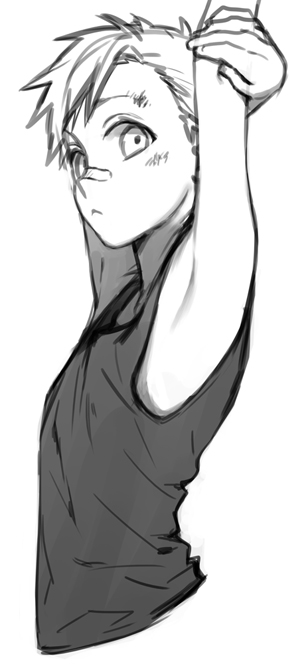 1boy :&lt; alphonse_elric arm_behind_head armpits arms_up bandaid bandaid_on_nose bangs bishounen black_tank_top child closed_mouth cropped_torso dirty dirty_face expressionless from_side fullmetal_alchemist greyscale hand_on_own_arm looking_at_viewer looking_to_the_side male_focus monochrome narrow_waist noako scratches simple_background skinny swept_bangs tank_top tareme white_background