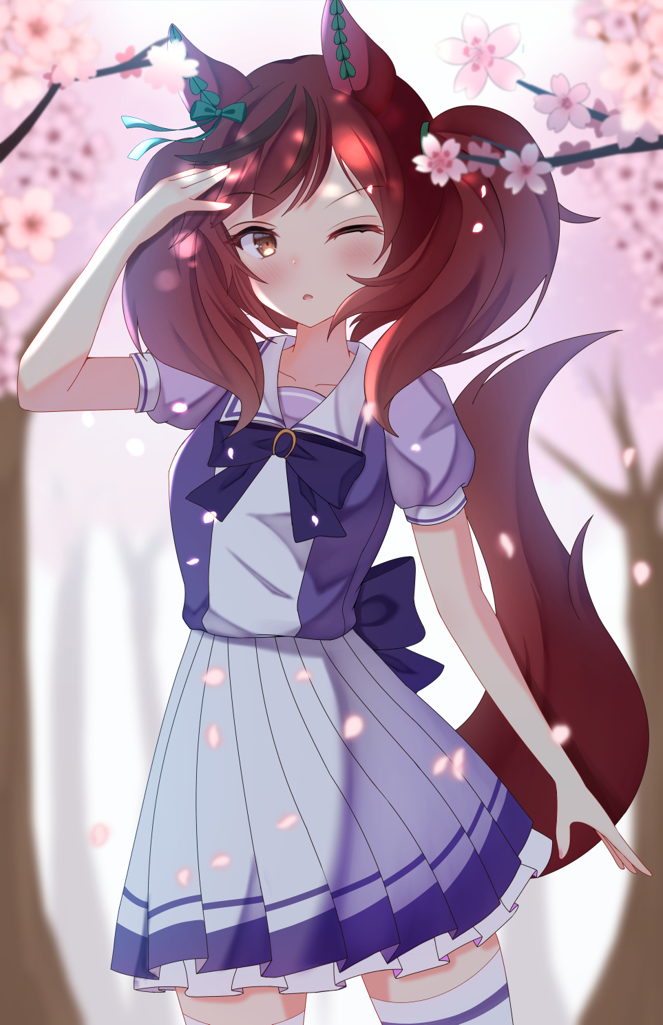 1girl animal_ears blurry blurry_background bow cherry_blossoms collarbone dress feet_out_of_frame frilled_dress frills hair_between_eyes hair_ornament hand_up highres horse_ears horse_girl horse_tail kawaiipony2 knees_out_of_frame low_twintails nice_nature_(umamusume) one_eye_closed open_mouth petals pleated_dress purple_bow purple_dress redhead sailor_collar sailor_dress short_sleeves solo standing tail thigh-highs tree twintails umamusume yellow_eyes