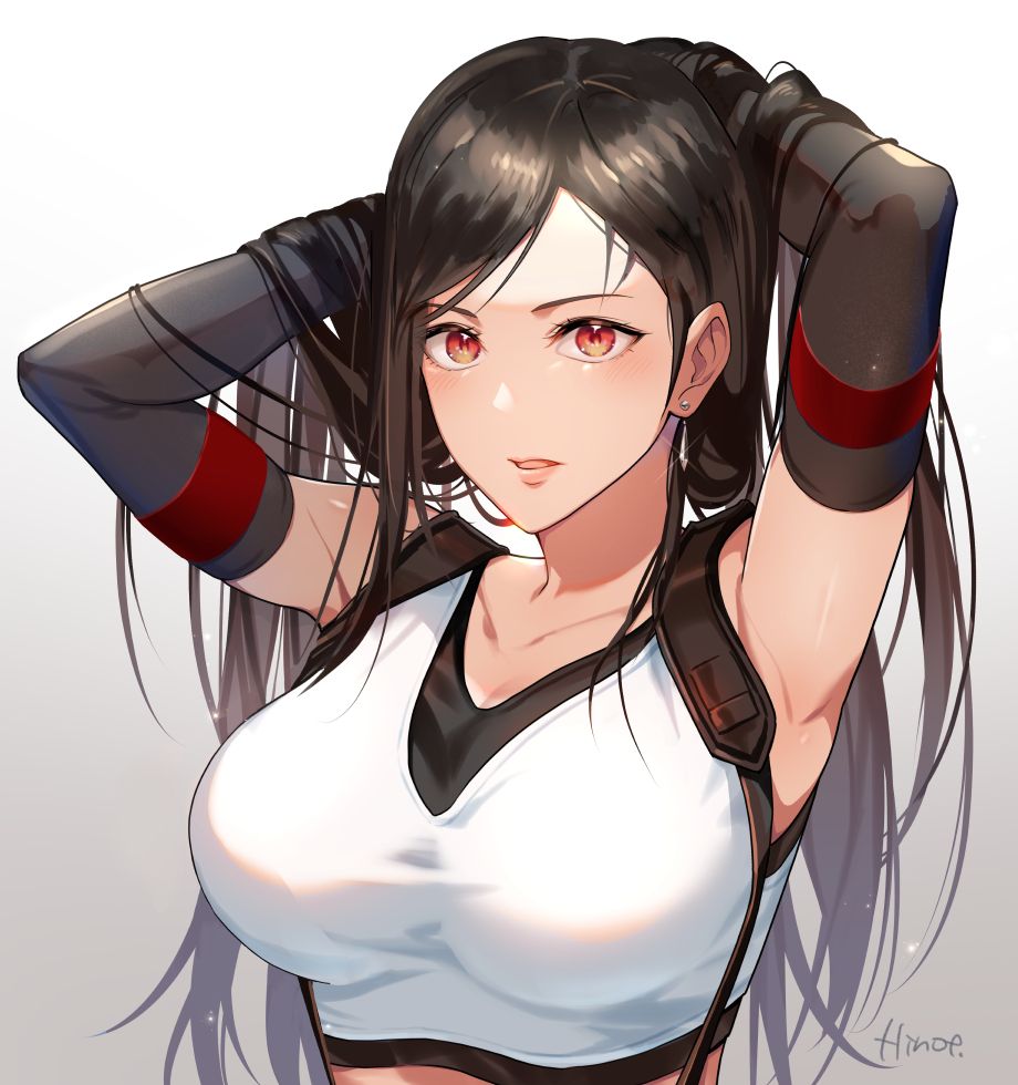 1girl adjusting_hair armpits arms_up black_gloves black_hair black_sports_bra blush breasts collarbone commentary ear_piercing elbow_gloves final_fantasy final_fantasy_vii final_fantasy_vii_remake gloves hand_in_hair hinoe_(dd_works) large_breasts lips long_hair looking_at_viewer open_mouth parted_lips piercing pink_lips red_eyes sidelocks signature simple_background sleeveless solo sports_bra suspenders suspenders_gap tank_top tifa_lockhart tongue upper_body white_tank_top