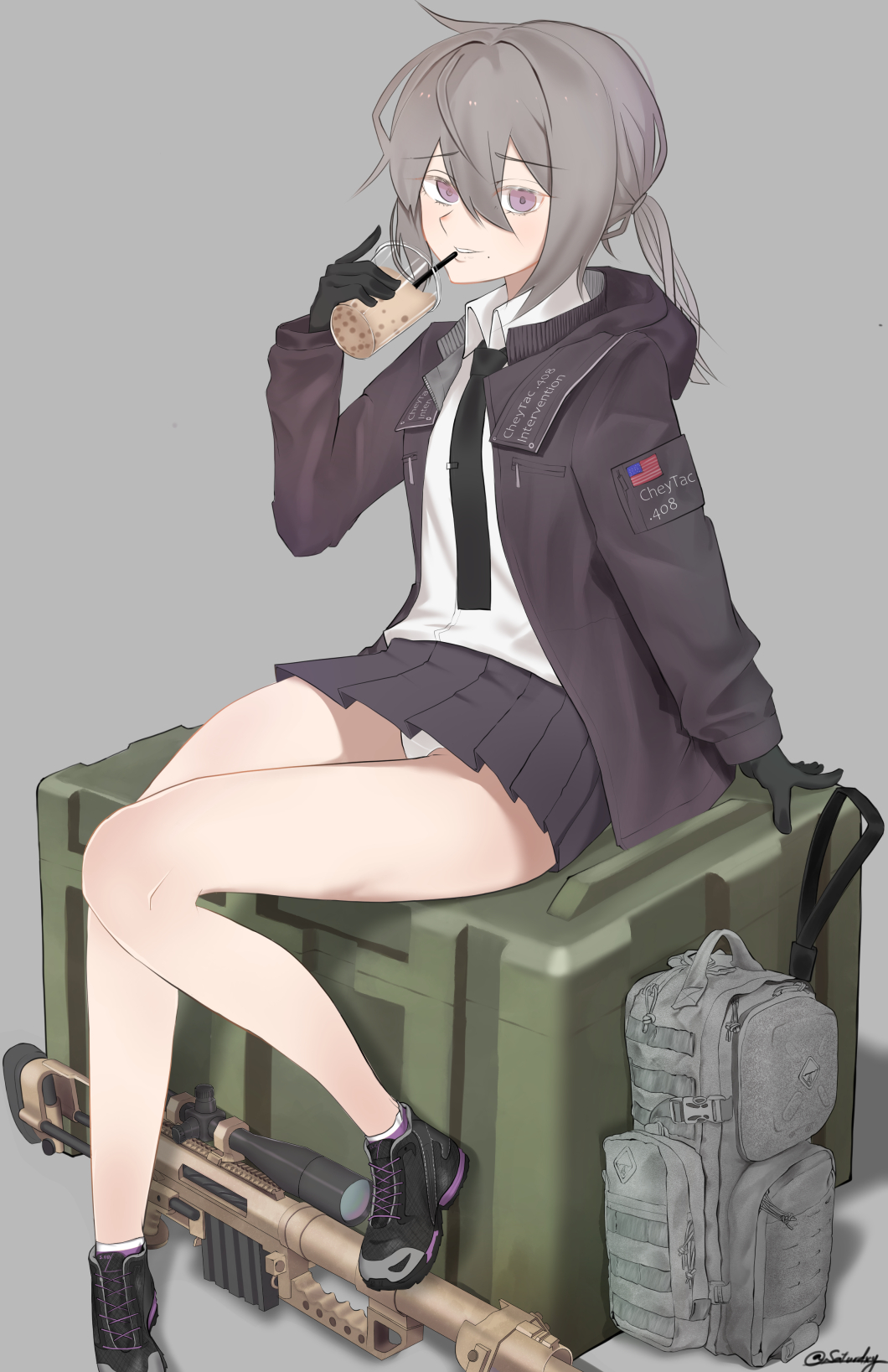 1girl american_flag artist_name backpack bag bangs bare_legs black_footwear black_gloves black_neckwear bolt_action cheytac_m200 cup eyebrows_visible_through_hair girls_frontline gloves grey_background grey_hair gun highres holding holding_cup jacket looking_at_viewer m200_(girls_frontline) medium_hair necktie panties pantyshot purple_jacket purple_skirt rifle saturndxy shirt shoes sitting skirt sniper_rifle solo underwear violet_eyes weapon white_panties white_shirt