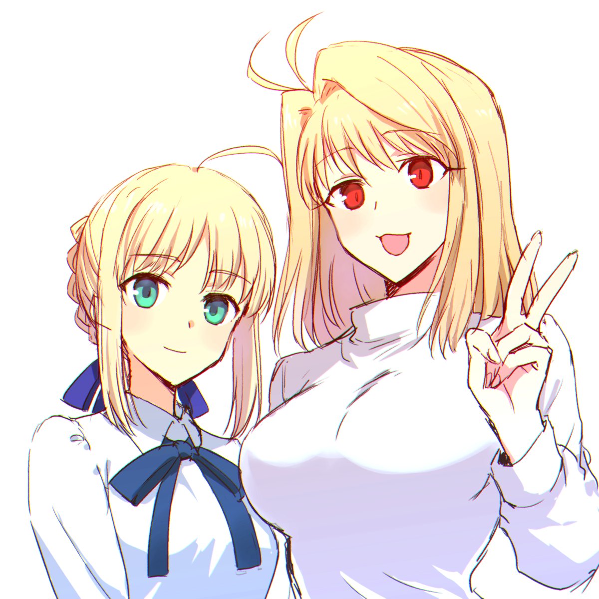 2girls ahoge antenna_hair arcueid_brunestud artoria_pendragon_(fate) blonde_hair blue_eyes braid breasts company_connection cowboy_shot fate/stay_night fate_(series) french_braid green_eyes hair_intakes highres large_breasts long_hair looking_at_viewer multiple_girls red_eyes saber sbs small_breasts smile tsukihime turtleneck turtleneck_sweater type-moon v white_background