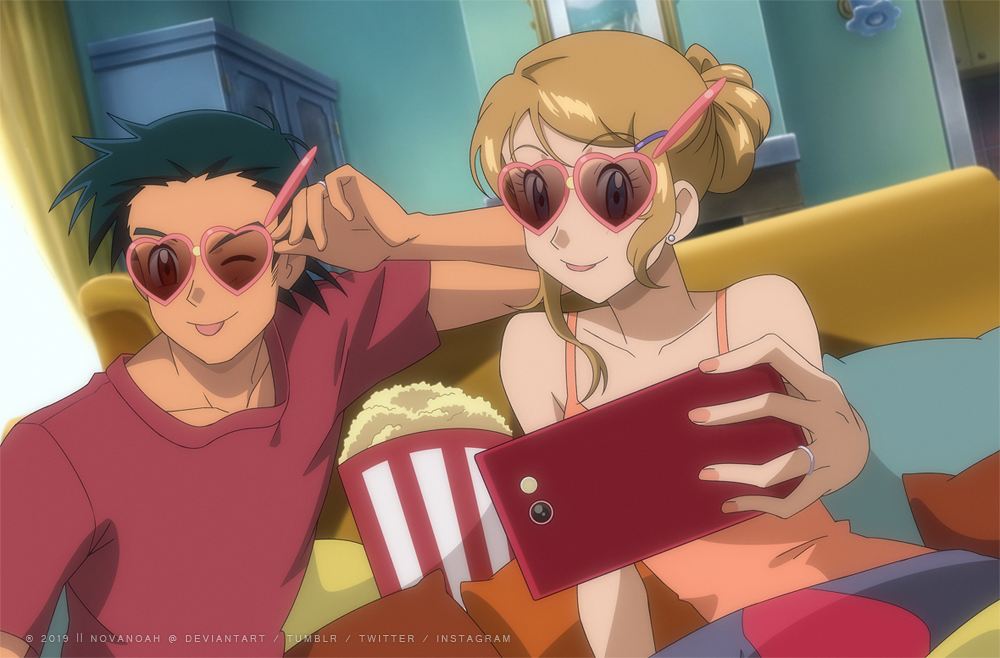 1boy 1girl ash_ketchum bare_arms black_hair cellphone closed_mouth commentary couch curtains english_commentary food heart heart-shaped_eyewear holding holding_phone indoors jewelry noelia_ponce older phone pokemon pokemon_(anime) pokemon_xy_(anime) popcorn red_shirt ring selfie serena_(pokemon) shirt short_hair short_sleeves sitting sleeveless smile sunglasses t-shirt tongue tongue_out watermark