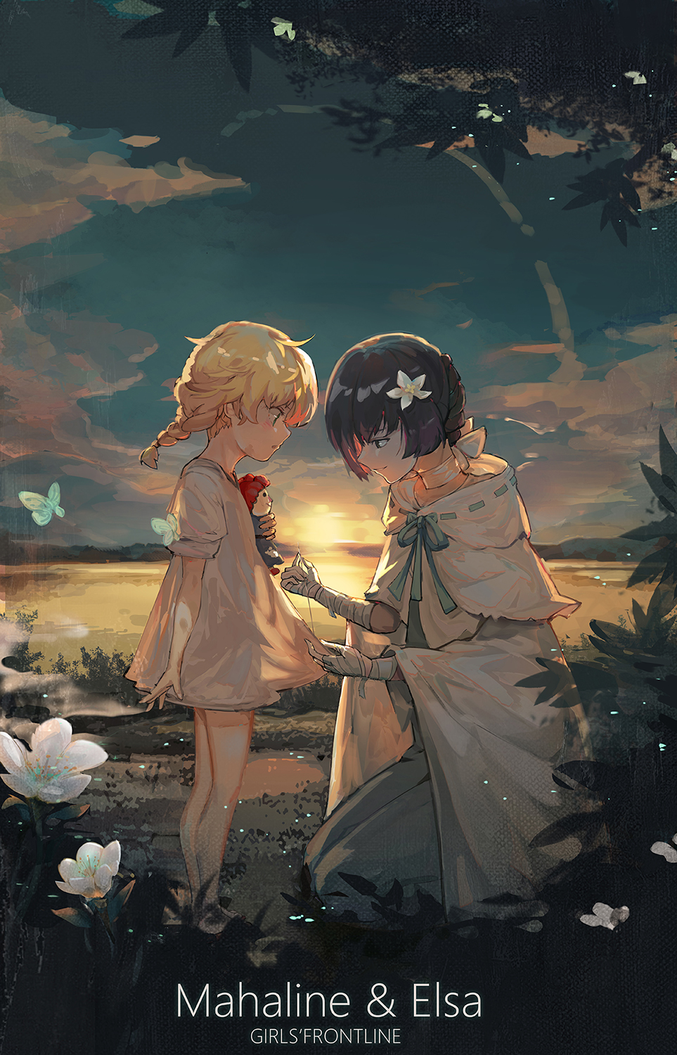 2girls bandaged_arm bandages black_hair blonde_hair blue_sky bug butterfly character_name chibi copyright_name doll dress flower girls_frontline highres insect lake machlian_(girls_frontline) mai_(xskdizzy) multiple_girls needle sewing sewing_needle short_hair sky white_dress