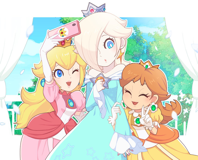 3girls :d :o aqua_dress aqua_eyes arm_grab bangs bare_shoulders blonde_hair blue_eyes blush brooch cellphone closed_eyes collarbone crown day dress earrings elbow_gloves flipped_hair gloves hair_over_one_eye jewelry leaning_forward lips long_hair looking_at_another super_mario_bros. mini_crown multiple_girls off_shoulder omochi_(glassheart_0u0) one_eye_closed open_mouth outstretched_arm petals phone princess princess_daisy princess_peach puffy_sleeves rosalina sky smartphone smile star_(symbol) star_earrings tree v white_curtains white_gloves yellow_dress