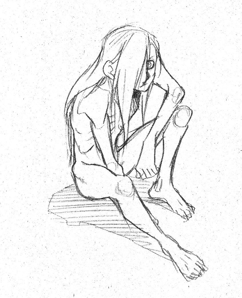 1boy alphonse_elric androgynous arakawa_hiromu arm_support bags_under_eyes barefoot closed_mouth commentary completely_nude covering covering_crotch elbow_on_knee emaciated english_commentary from_above full_body fullmetal_alchemist grey_background groin_tendon hair_behind_ear hair_over_one_eye hair_strand hip_bones knee_up leaning_forward long_hair long_toenails looking_at_viewer looking_up male_focus messy_hair monochrome narrow_waist nude official_art on_floor ribs serious shadow simple_background sitting sketch spread_legs straight_hair toenails very_long_hair