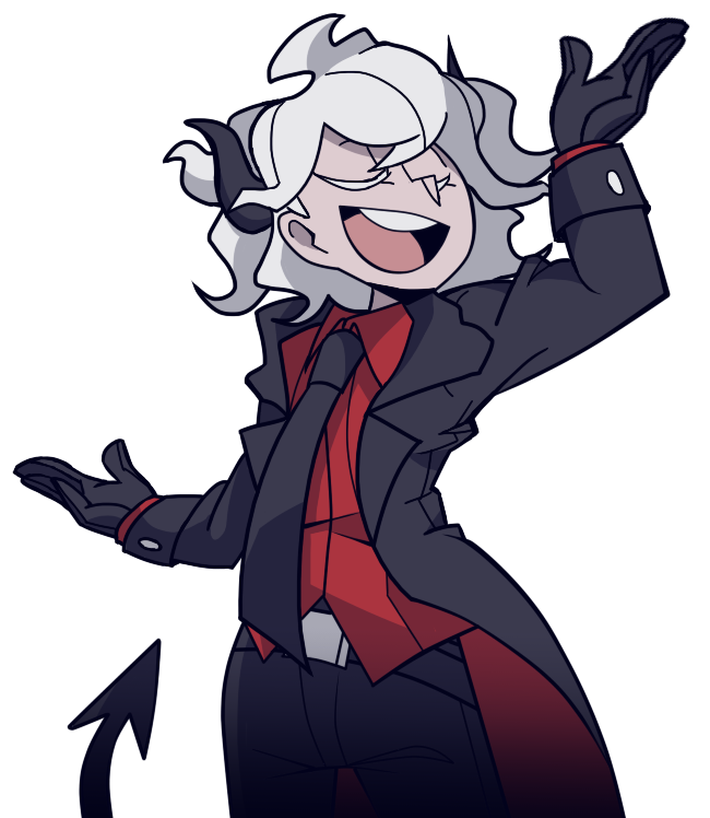 1boy :d arm_up bangs beelzebub_(helltaker) beelzebub_(helltaker)_(cosplay) bini_(xocolatl_501) black_gloves black_horns black_jacket black_neckwear black_pants closed_eyes collared_shirt cosplay dangan_ronpa_(series) dangan_ronpa_2:_goodbye_despair demon_boy demon_horns demon_tail gloves grey_hair grin hair_between_eyes hand_up helltaker horns jacket komaeda_nagito long_hair necktie open_mouth pants parody red_shirt shirt smile tail teeth transparent_background upper_teeth