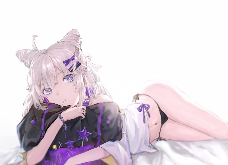 1girl aa-12_(girls_frontline) bare_legs black_panties blue_eyes bracelet candy earrings eyebrows_visible_through_hair food girls_frontline hair_ornament hairclip jewelry legs lollipop long_hair looking_at_viewer lying navel on_bed on_side panties pillow pillow_hug qiujiao shirt silver_hair solo star_(symbol) star_earrings underwear white_background white_shirt