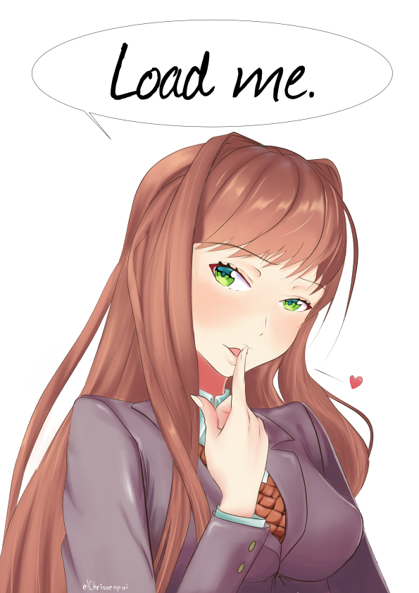 1girl artist_name blazer blush brown_hair doki_doki_literature_club elchrissenpai english_commentary english_text finger_to_mouth green_eyes heart jacket long_hair looking_at_viewer monika_(doki_doki_literature_club) school_uniform self_upload solo speech_bubble upper_body