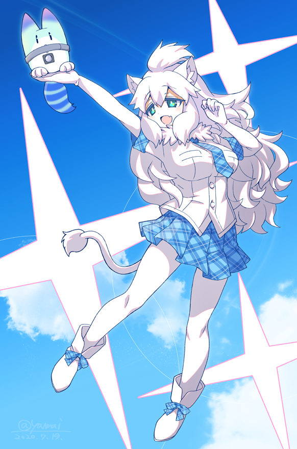 1girl animal_ears big_hair blue_eyes blue_neckwear blue_skirt blue_sky blush boots commentary_request elbow_gloves eyebrows_visible_through_hair fang fur_collar gloves holding_another kemono_friends kemono_friends_3 lion_ears lion_girl lion_tail long_hair lucky_beast_(kemono_friends) midair necktie open_mouth pantyhose plaid plaid_neckwear plaid_skirt plaid_trim pleated_skirt shirt skirt sky solo sparkle t-shirt tail white_footwear white_fur white_gloves white_hair white_legwear white_lion_(kemono_friends) white_shirt yamai