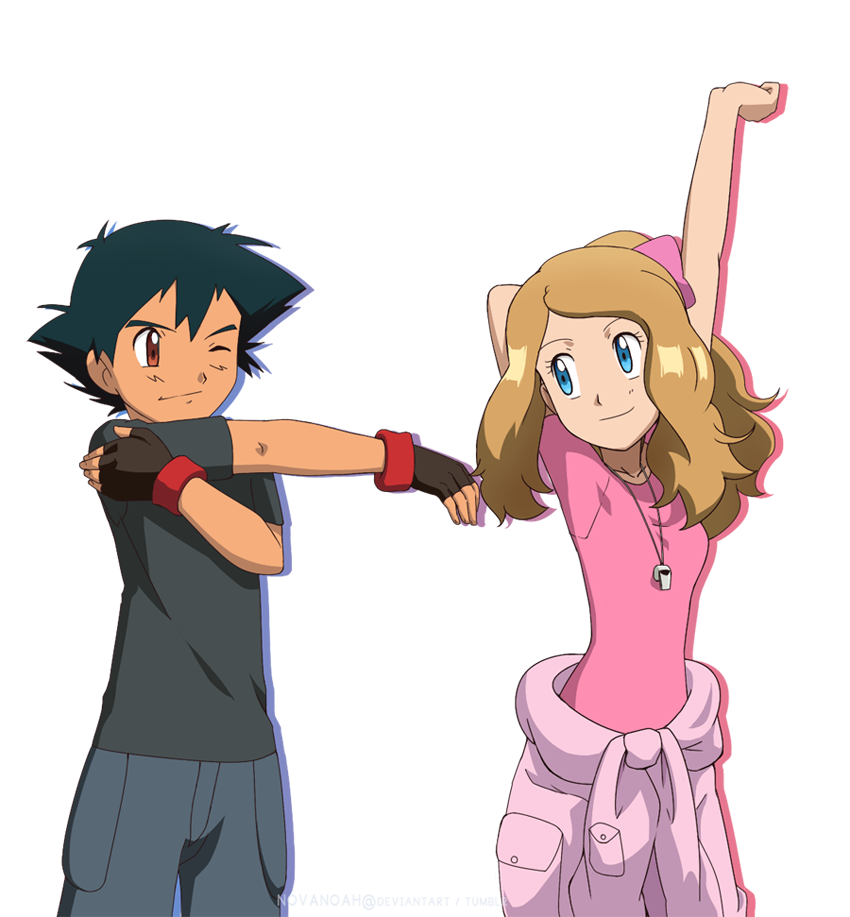 1boy 1girl arm_behind_head arm_up ash_ketchum bangs black_shirt blue_eyes brown_eyes brown_gloves closed_mouth clothes_around_waist commentary english_commentary eye_contact eyelashes fingerless_gloves gloves light_brown_hair looking_at_another noelia_ponce one_eye_closed pants pink_shirt pokemon pokemon_(anime) pokemon_xy_(anime) serena_(pokemon) shirt short_hair short_sleeves smile stretch t-shirt whistle whistle_around_neck